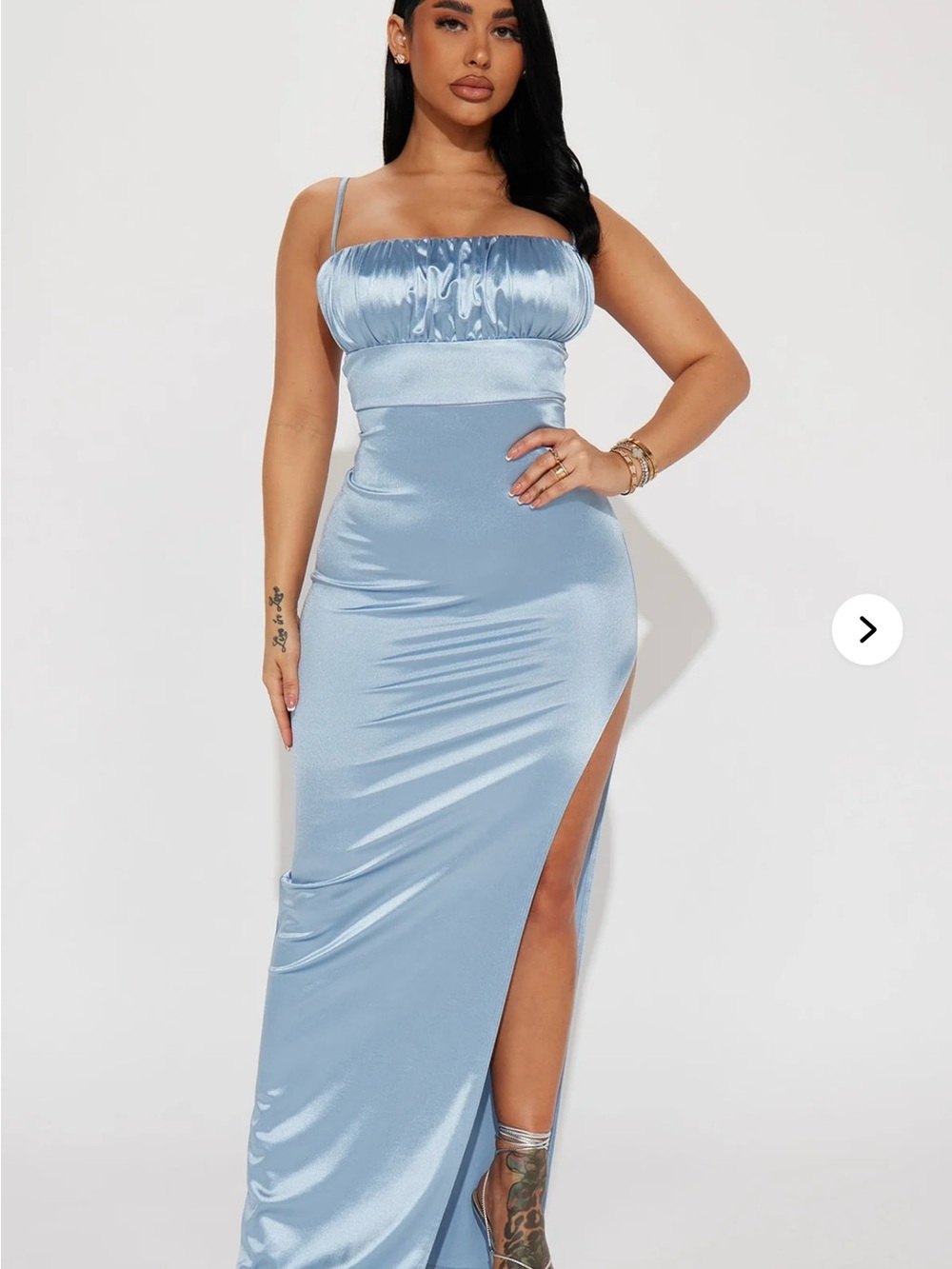 Fashion Nova Light Blue Satin Ruched Bust Maxi Dress with Thigh Slit